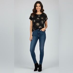 Vintage CAVIAR Made in USA Top Size L Black Abstract Geometric Print 90s Retro